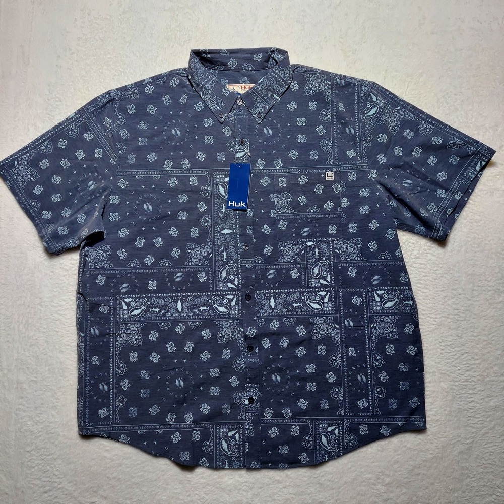Huk Kona Hukdana Fishing Shirt Mens XXL Blue NWT Bandana Print Stretch H1500169